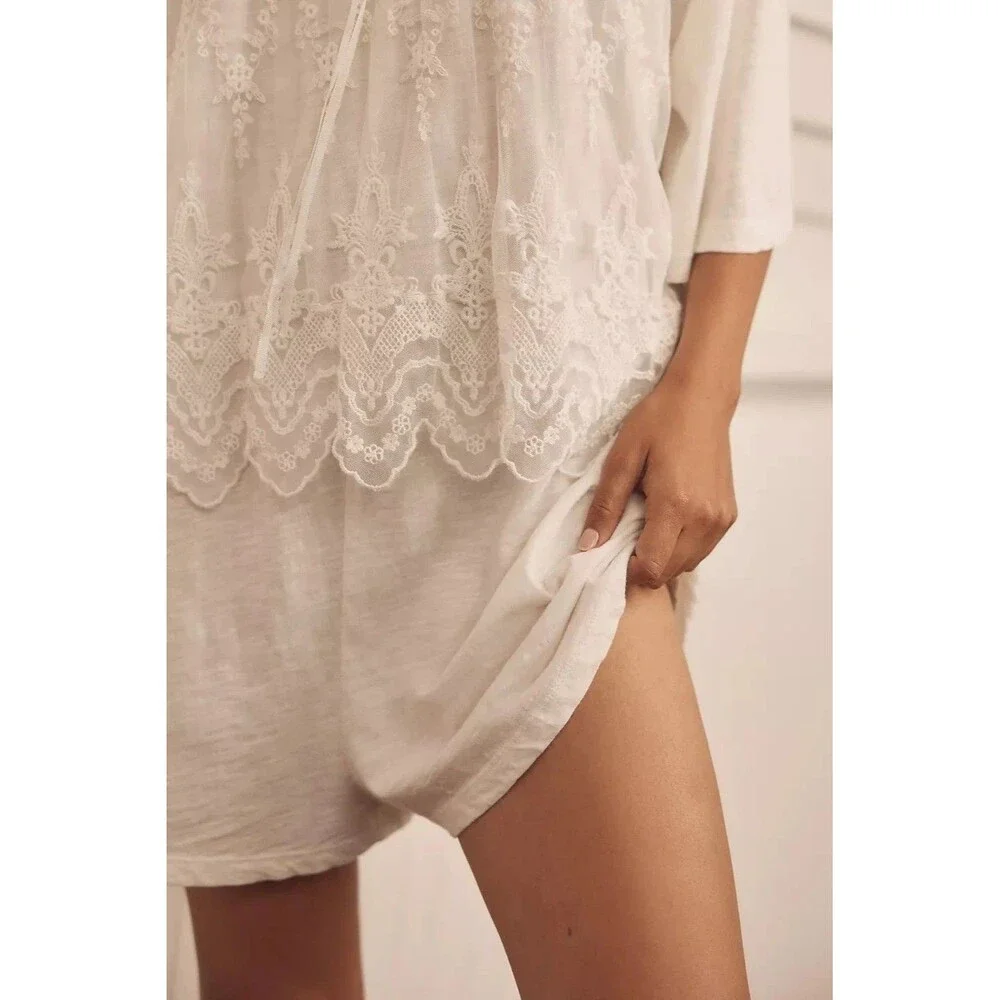 Anthropologie LyreBird Cotton Lace Twofer Romper Mesh Embroidered Solid S 284373